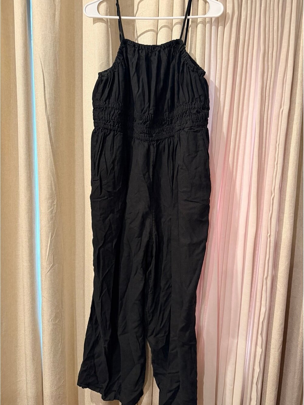 Black Spaghetti Strap Smocked Waist Wide Leg Jumpsuit
